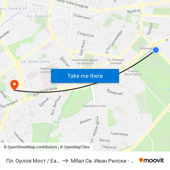 Пл. Орлов Мост / Eagles' Bridge Sq. (1287) to Мбал Св. Иван Рилски - Клиника По Ревматология map