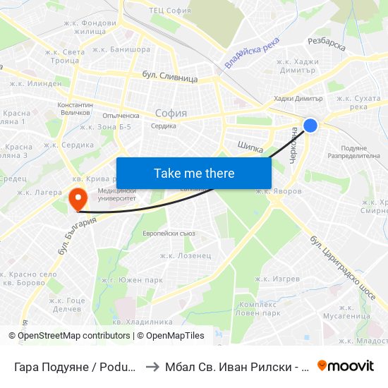 Гара Подуяне / Poduyane Train Station (0466) to Мбал Св. Иван Рилски - Клиника По Ревматология map