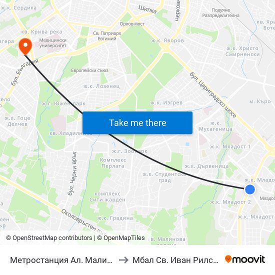 Метростанция Ал. Малинов / Al. Malinov Metro Station (0170) to Мбал Св. Иван Рилски - Клиника По Ревматология map