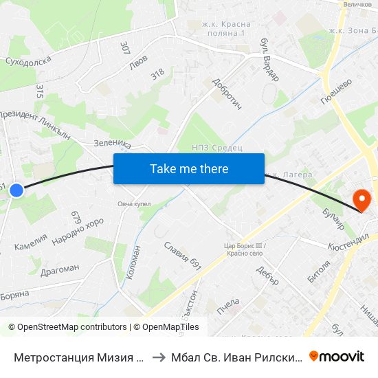 Метростанция Мизия / Moesia Metro Station (6089) to Мбал Св. Иван Рилски - Клиника По Ревматология map