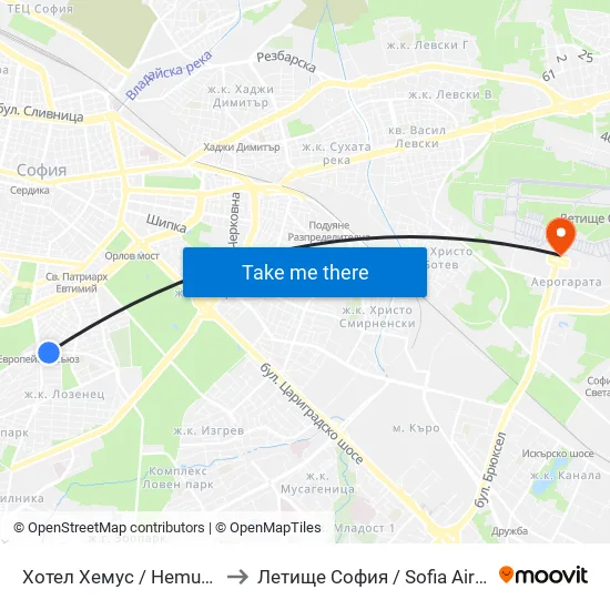 Ⓜ️ Хотел Хемус / Hemus Hotel (2329) to Летище София / Sofia Airport - Terminal 1 map