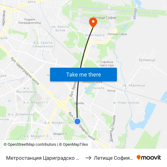 Ⓜ️ Метростанция Цариградско Шосе / Tsarigradsko Shosse Metro Station (1016) to Летище София / Sofia Airport - Terminal 1 map