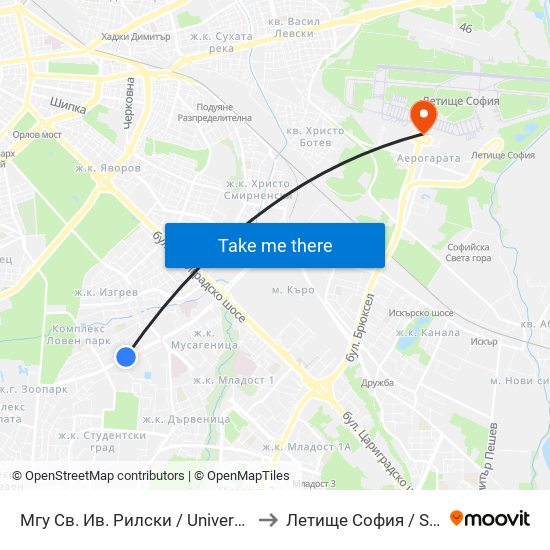 Мгу Св. Ив. Рилски / University Of Mining And Geology (1033) to Летище София / Sofia Airport - Terminal 1 map