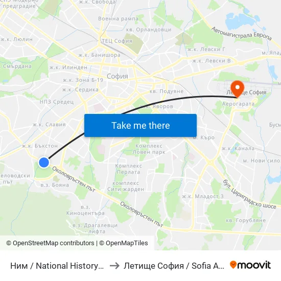 🎨 Ним / National History Museum (1464) to Летище София / Sofia Airport - Terminal 1 map