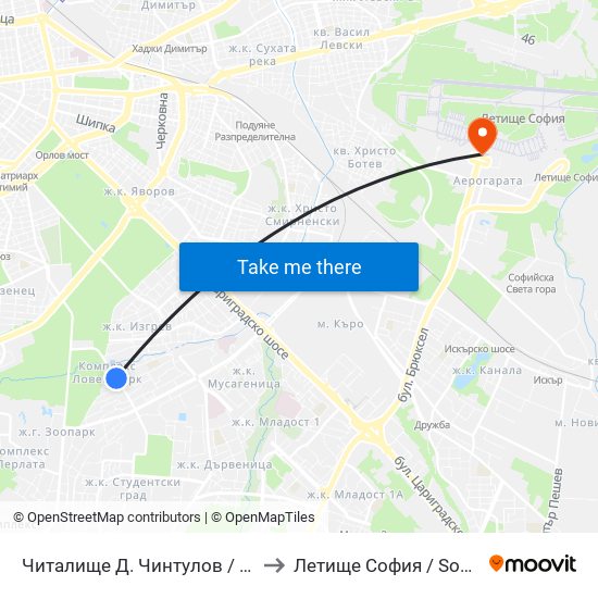Читалище Д. Чинтулов / D. Chintulov Library (2366) to Летище София / Sofia Airport - Terminal 1 map