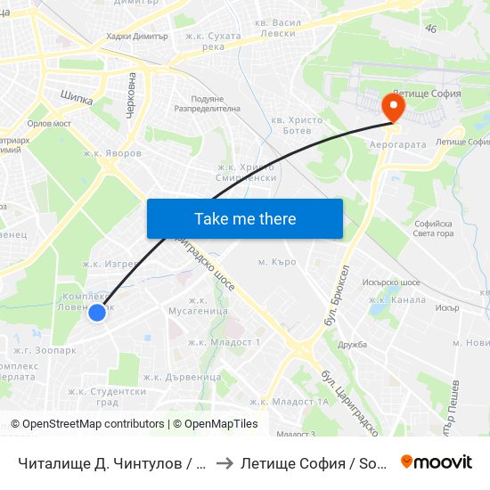 Читалище Д. Чинтулов / D. Chintulov Library (2365) to Летище София / Sofia Airport - Terminal 1 map