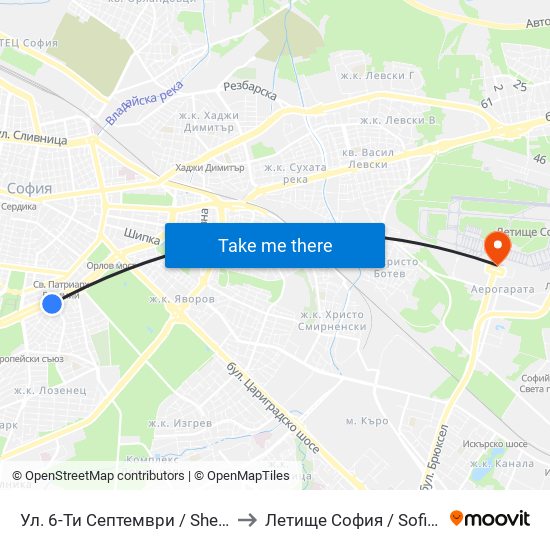 Ул. 6-Ти Септември / Shesti Septemvri St. (1807) to Летище София / Sofia Airport - Terminal 1 map