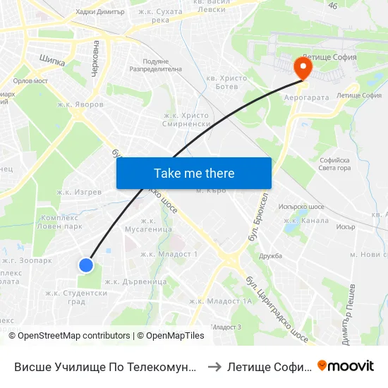 Висше Училище По Телекомуникации / University Of Telecommunications And Post (1397) to Летище София / Sofia Airport - Terminal 1 map