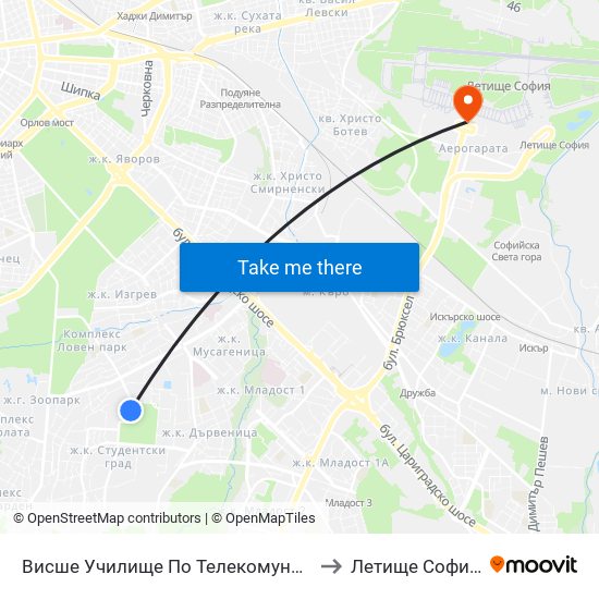 Висше Училище По Телекомуникации / University Of Telecommunications And Post (1396) to Летище София / Sofia Airport - Terminal 1 map