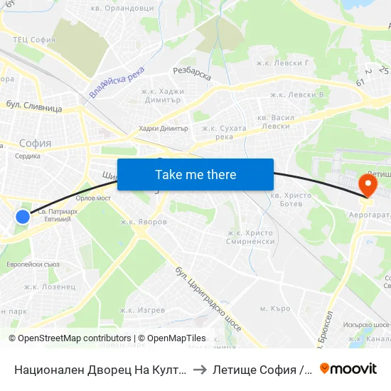 Ⓜ️ Национален Дворец На Културата / National Palace Of Culture (1139) to Летище София / Sofia Airport - Terminal 1 map