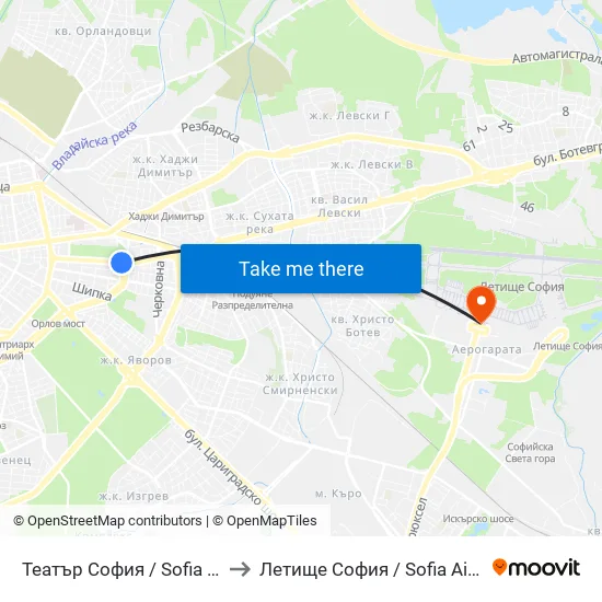 Театър София / Sofia Theatre (1727) to Летище София / Sofia Airport - Terminal 1 map