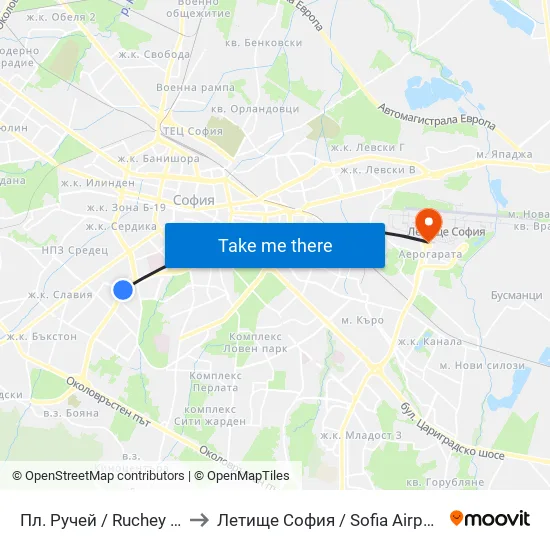 Пл. Ручей / Ruchey Sq. (1301) to Летище София / Sofia Airport - Terminal 1 map