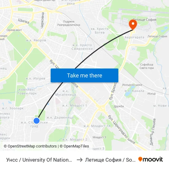 🎓 Унсс / University Of National And World Economy (1692) to Летище София / Sofia Airport - Terminal 1 map