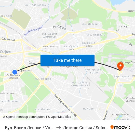 Бул. Васил Левски / Vasil Levski Blvd. (0299) to Летище София / Sofia Airport - Terminal 1 map