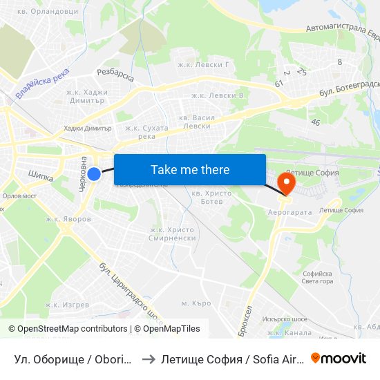 Ул. Оборище / Oborishte St. (2074) to Летище София / Sofia Airport - Terminal 1 map