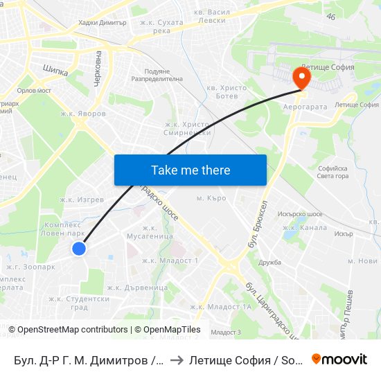 Бул. Д-Р Г. М. Димитров / G. M. Dimitrov Blvd. (0317) to Летище София / Sofia Airport - Terminal 1 map