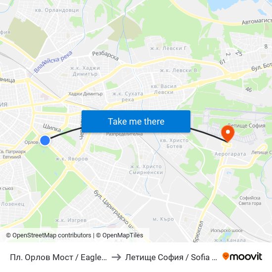 Пл. Орлов Мост / Eagles' Bridge Sq. (1288) to Летище София / Sofia Airport - Terminal 1 map