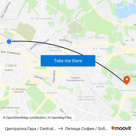 Централна Гара / Central Railway Station (1327) to Летище София / Sofia Airport - Terminal 1 map