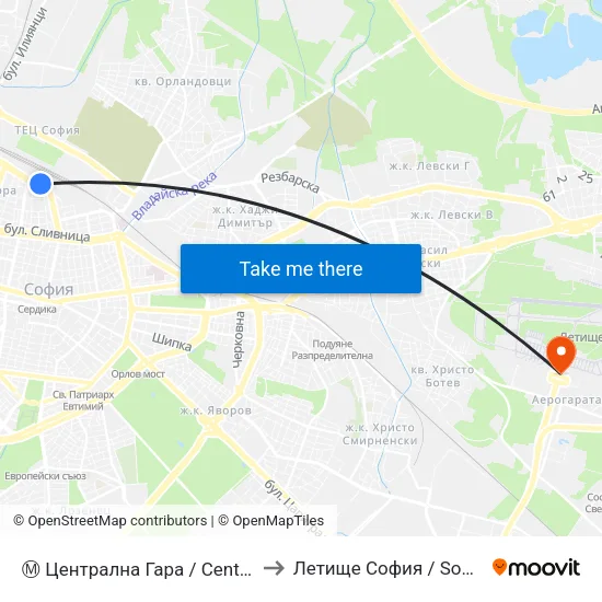 Ⓜ️ Централна Гара / Central Railway Station (1327) to Летище София / Sofia Airport - Terminal 1 map