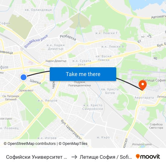 Софийски Университет / Sofia University (1698) to Летище София / Sofia Airport - Terminal 1 map