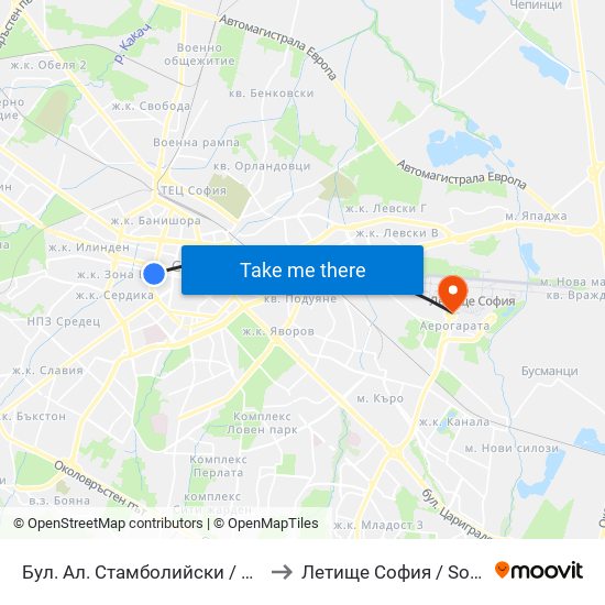 Бул. Ал. Стамболийски / Al. Stamboliyski Blvd. (0283) to Летище София / Sofia Airport - Terminal 1 map