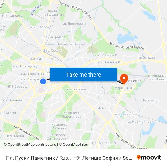 Пл. Руски Паметник / Russian Monument Sq. (1296) to Летище София / Sofia Airport - Terminal 1 map