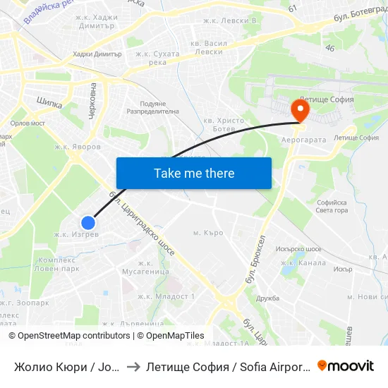 Жолио Кюри / Joliot Curie to Летище София / Sofia Airport - Terminal 1 map