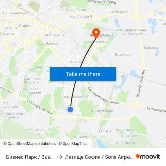 Бизнес Парк / Business Park to Летище София / Sofia Airport - Terminal 1 map