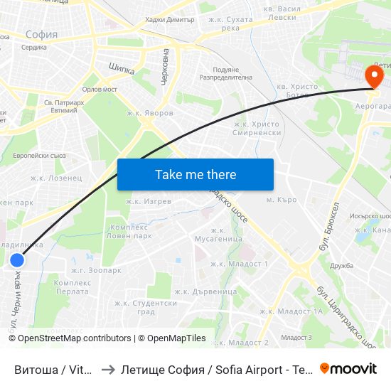 Витоша / Vitosha to Летище София / Sofia Airport - Terminal 1 map