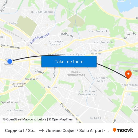 Сердика I / Serdika I to Летище София / Sofia Airport - Terminal 1 map