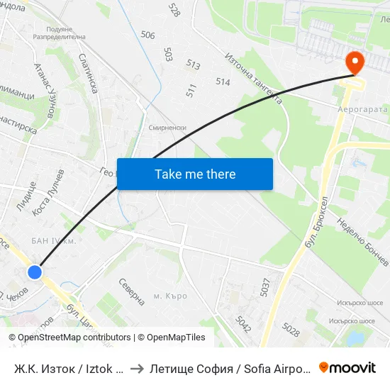 🎓 Ж.К. Изток / Iztok Qr (1696) to Летище София / Sofia Airport - Terminal 1 map