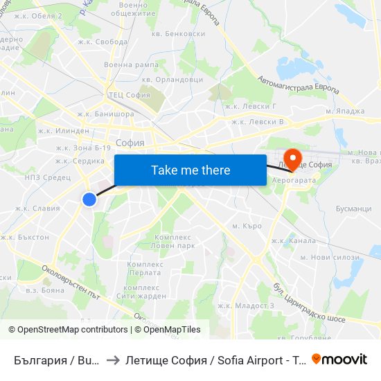 България / Bulgaria to Летище София / Sofia Airport - Terminal 1 map
