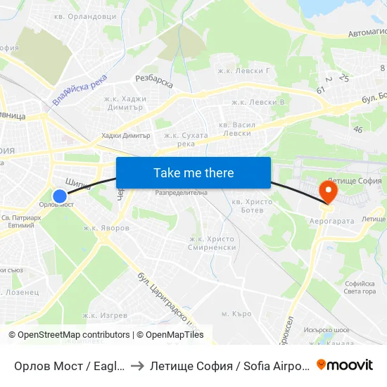Орлов Мост / Eagles' Bridge to Летище София / Sofia Airport - Terminal 1 map