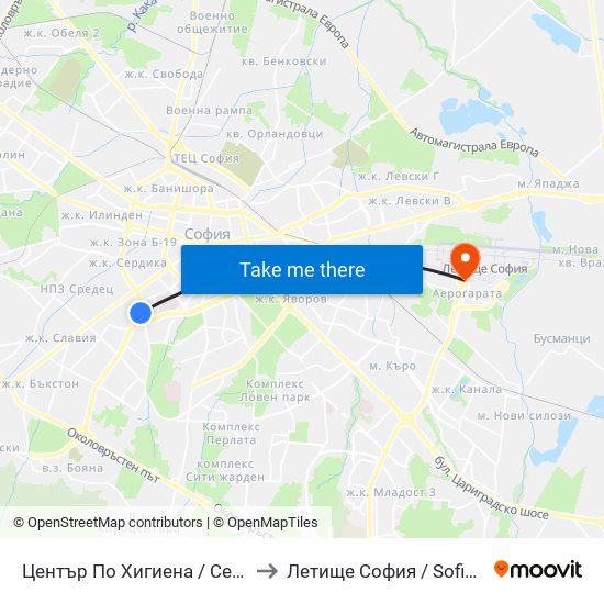 Център По Хигиена / Centre Of Hygiene (2343) to Летище София / Sofia Airport - Terminal 1 map
