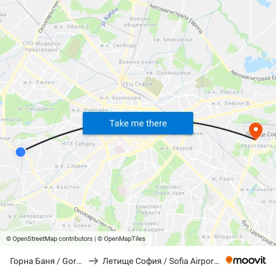 Горна Баня / Gorna Banya to Летище София / Sofia Airport - Terminal 1 map