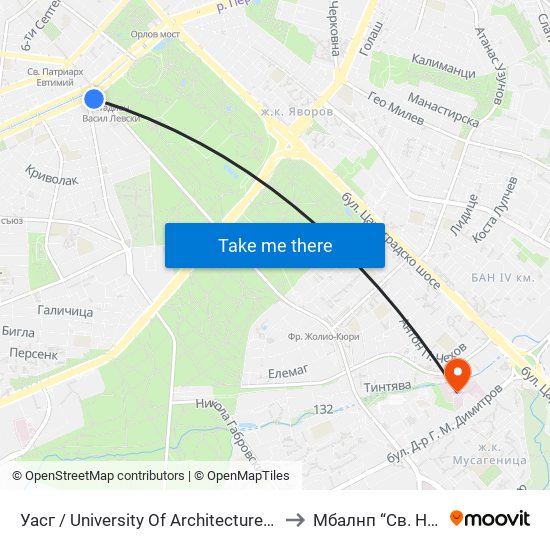 Уасг / University Of Architecture (0386) to Mбалнп “Св. Наум” map