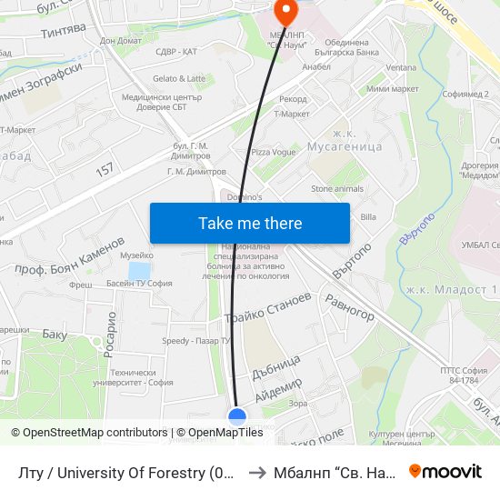 Лту / University Of Forestry (0614) to Mбалнп “Св. Наум” map