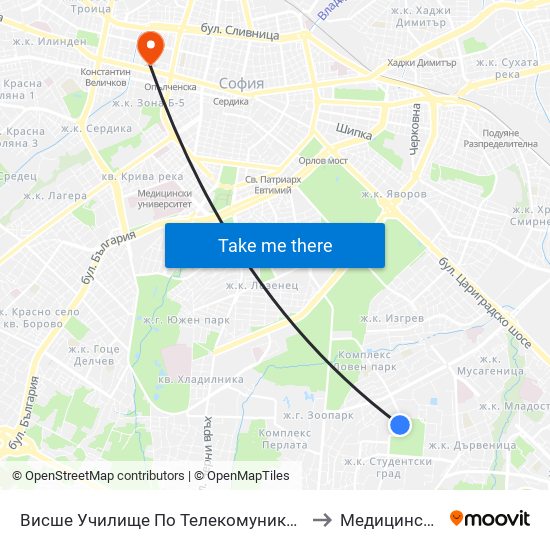 Висше Училище По Телекомуникации / University Of Telecommunications And Post (1396) to Медицинска Лаборатория Сана map