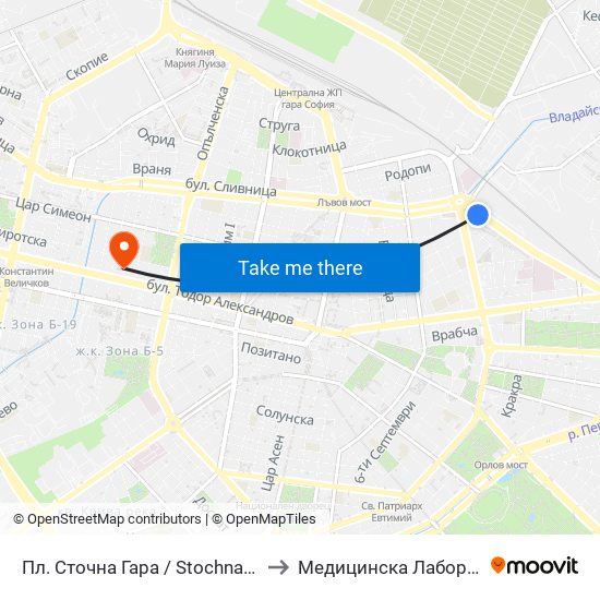 Пл. Сточна Гара / Stochna Gara Sq. (1316) to Медицинска Лаборатория Сана map