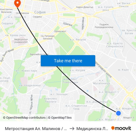 Метростанция Ал. Малинов / Al. Malinov Metro Station (0170) to Медицинска Лаборатория Сана map
