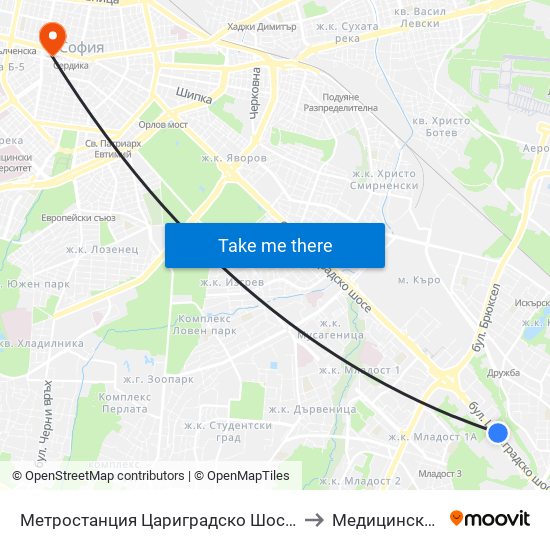 Метростанция Цариградско Шосе / Tsarigradsko Shosse Metro Station (1016) to Медицински Център Св. Мина map