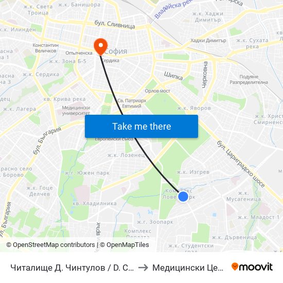 Читалище Д. Чинтулов / D. Chintulov Library (2366) to Медицински Център Св. Мина map