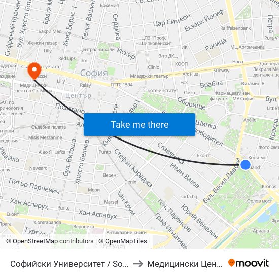 Софийски Университет / Sofia University (1700) to Медицински Център Св. Мина map