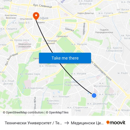 Технически Университет / Technical University (1743) to Медицински Център Св. Мина map