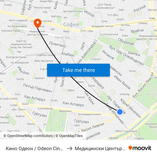 Кино Одеон / Odeon Cinema (0927) to Медицински Център Св. Мина map