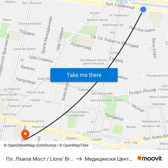 Пл. Лъвов Мост / Lions' Bridge Sq. (1278) to Медицински Център Св. Мина map
