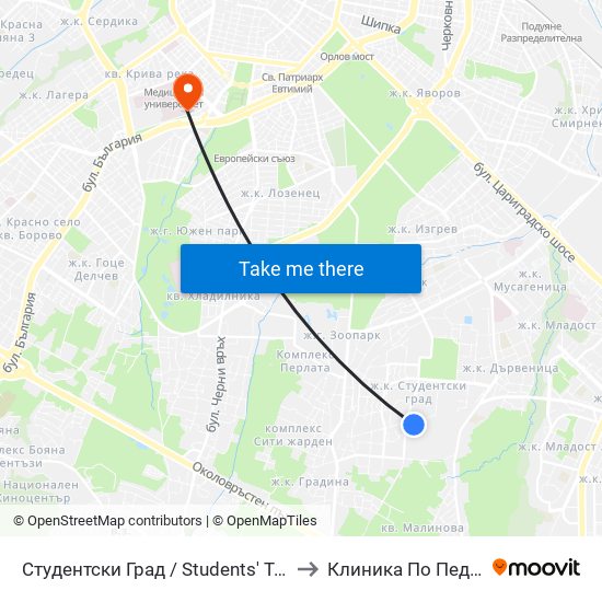 Студентски Град / Students' Town (1693) to Клиника По Педиатрия map