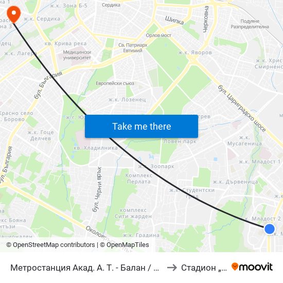 Метростанция Акад. А. Т. - Балан / Acad. A. T.-Balan Metro Station (1917) to Стадион „Септември“ map