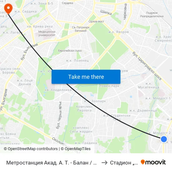 Ⓜ️ Метростанция Акад. Александър Теодоров - Балан / Akademik Aleksandar Teodorov - Balan Metro Station (1917) to Стадион „Септември“ map