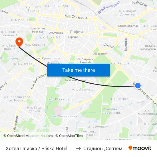 Хотел Плиска / Pliska Hotel (2326) to Стадион „Септември“ map